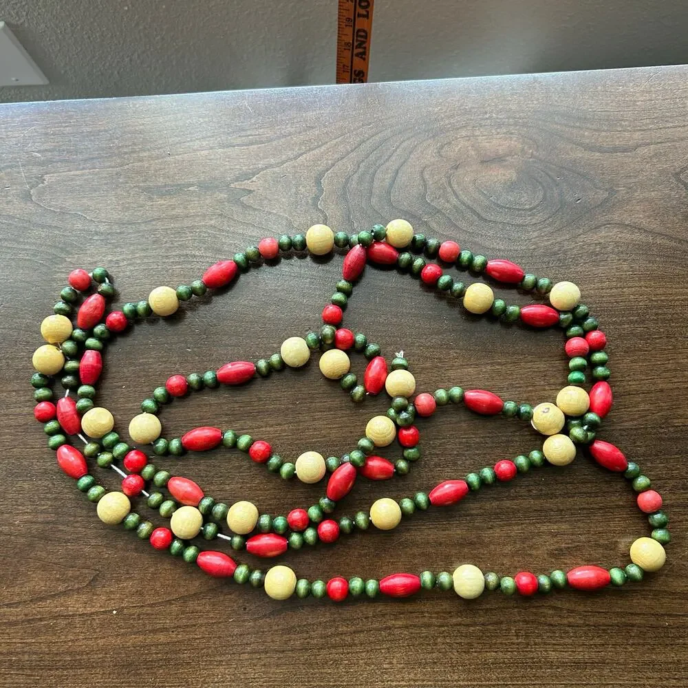 Vintage Wood Wooden Bead Garland Red Green 8 ft+ long 2 Strands